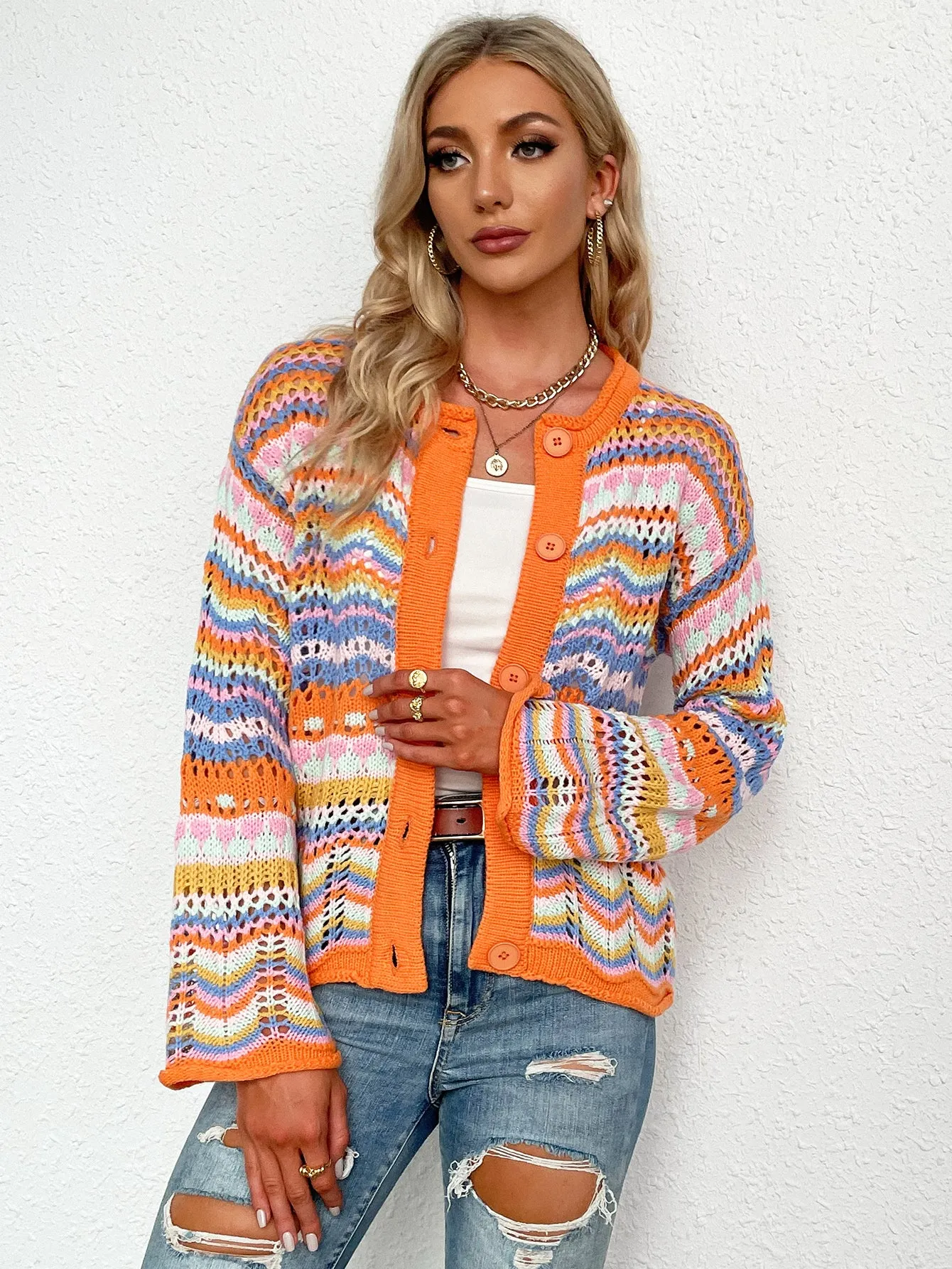 Chevron Stripes Openwork Cardigan - 3 colors