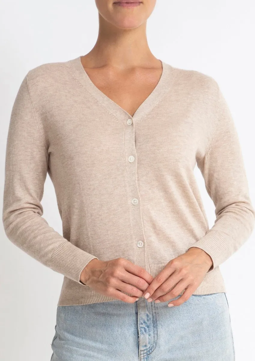 Cotton   Cashmere Superfine V Cardigan in Pale Marle Beige