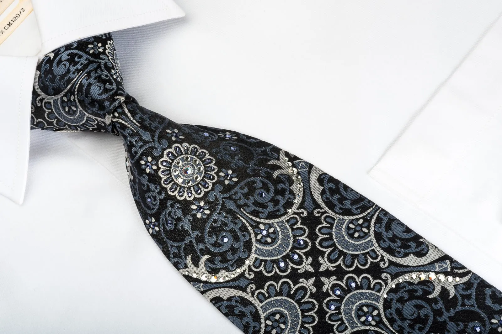 Daniel Hechter Silk Necktie Silver Damask On Black Sparkling With Rhinestones