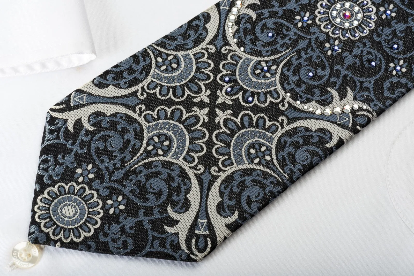 Daniel Hechter Silk Necktie Silver Damask On Black Sparkling With Rhinestones