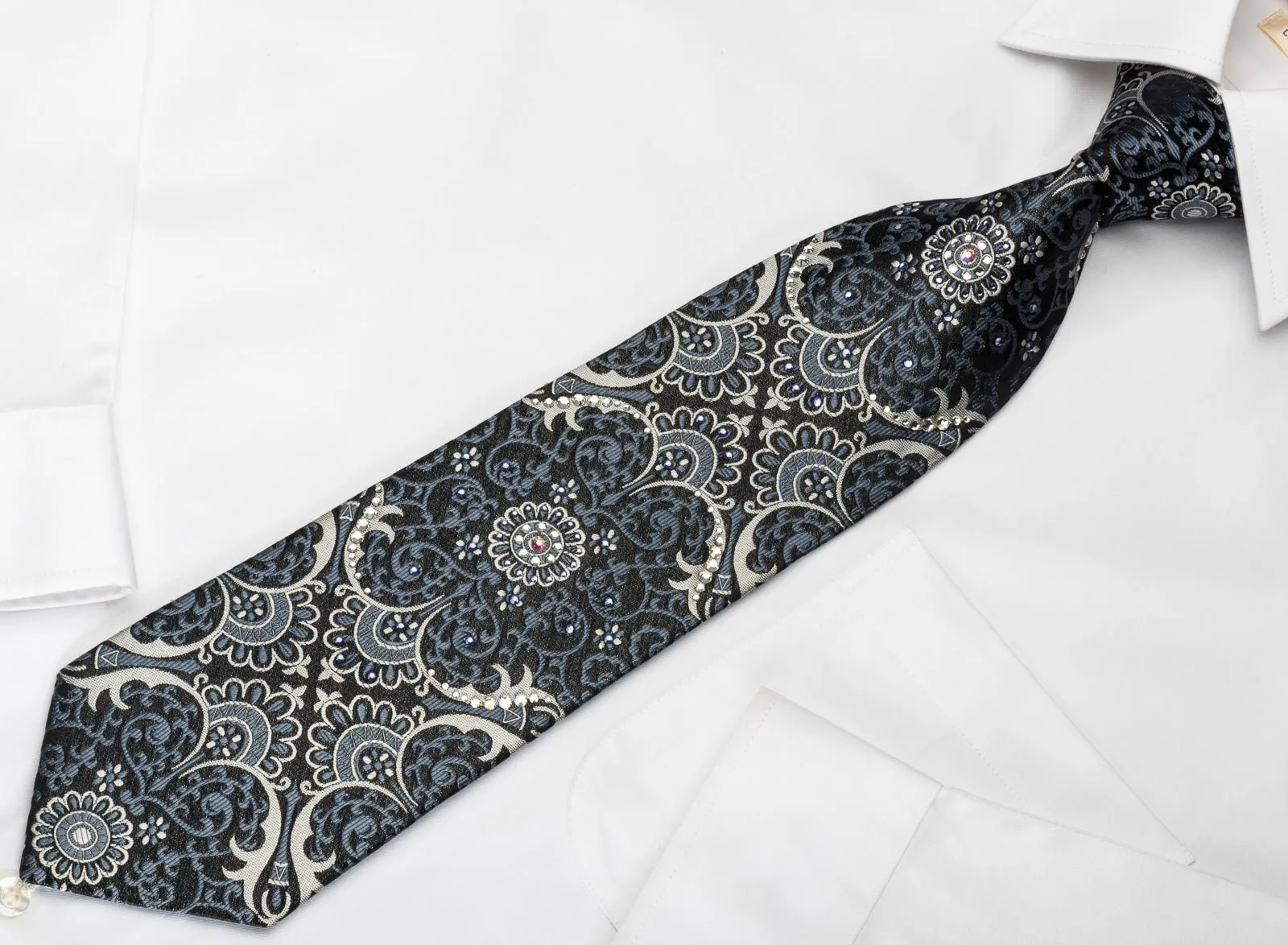 Daniel Hechter Silk Necktie Silver Damask On Black Sparkling With Rhinestones