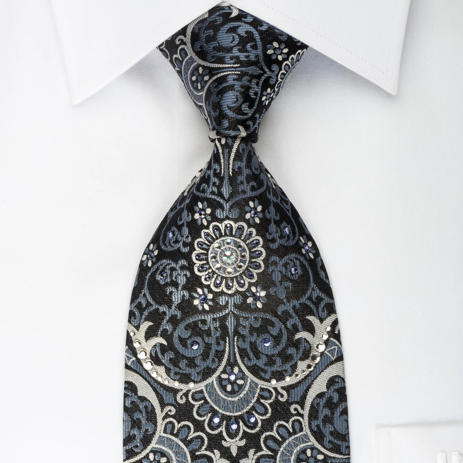 Daniel Hechter Silk Necktie Silver Damask On Black Sparkling With Rhinestones