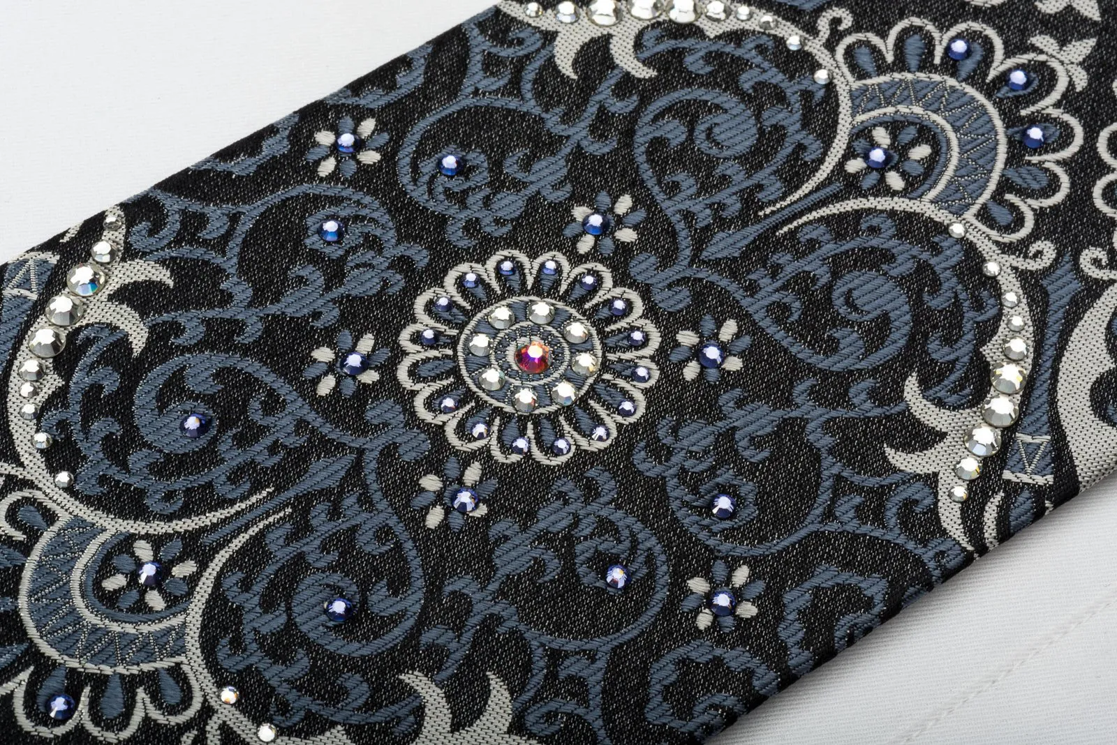 Daniel Hechter Silk Necktie Silver Damask On Black Sparkling With Rhinestones