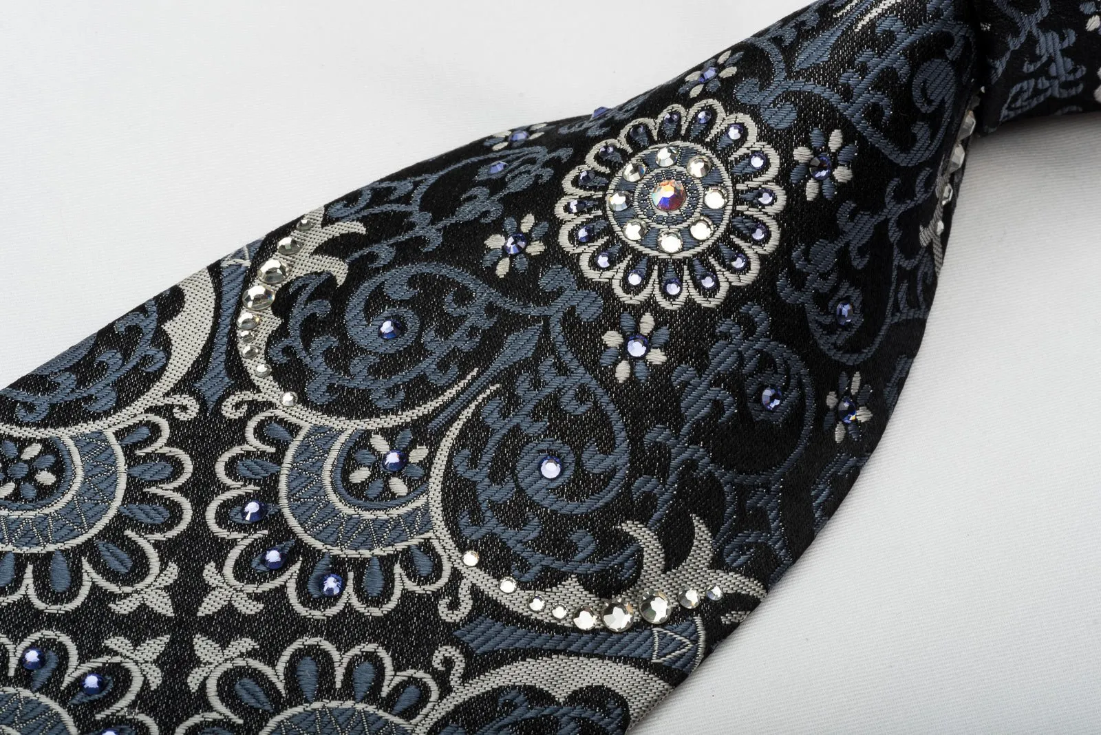 Daniel Hechter Silk Necktie Silver Damask On Black Sparkling With Rhinestones