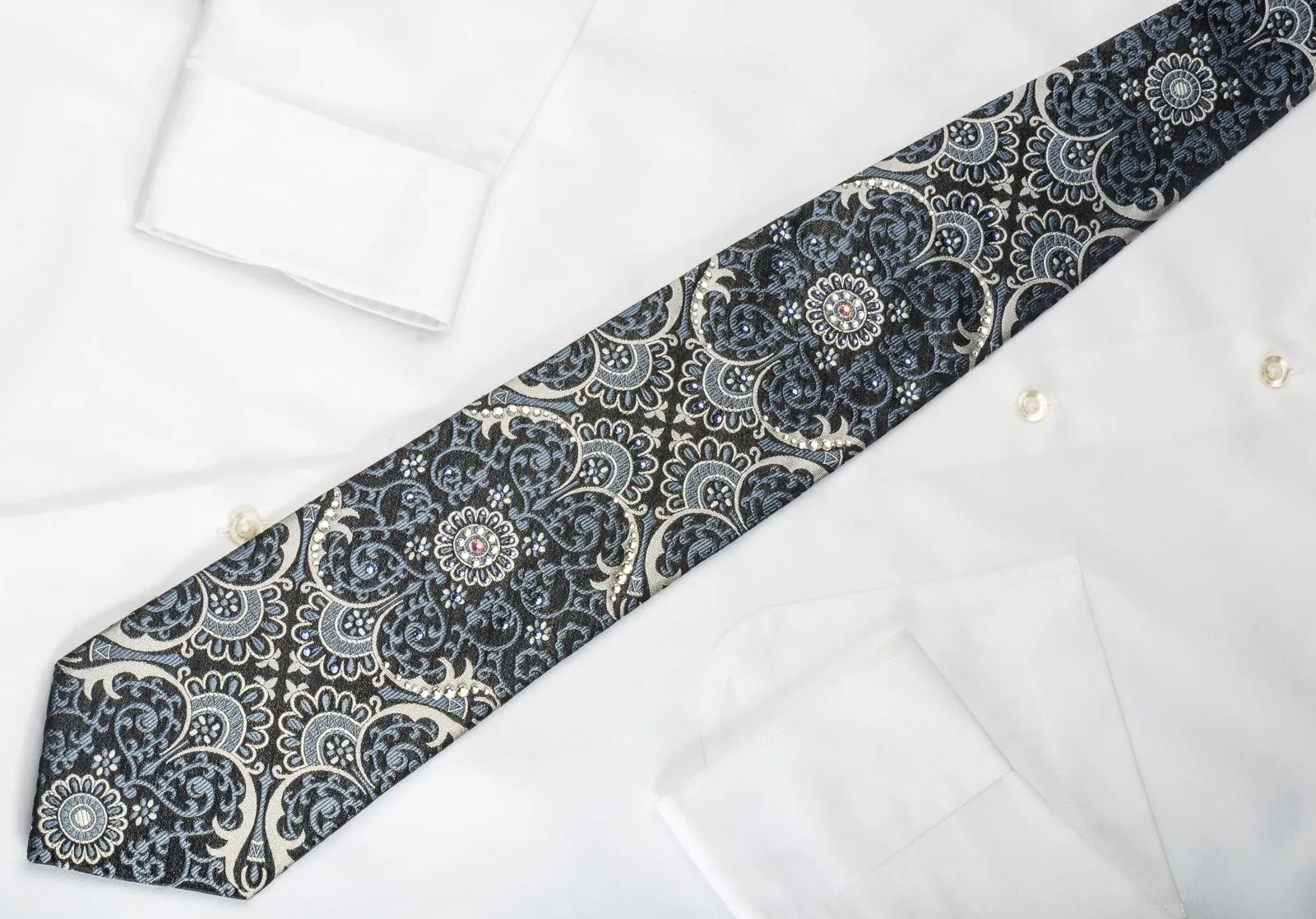 Daniel Hechter Silk Necktie Silver Damask On Black Sparkling With Rhinestones