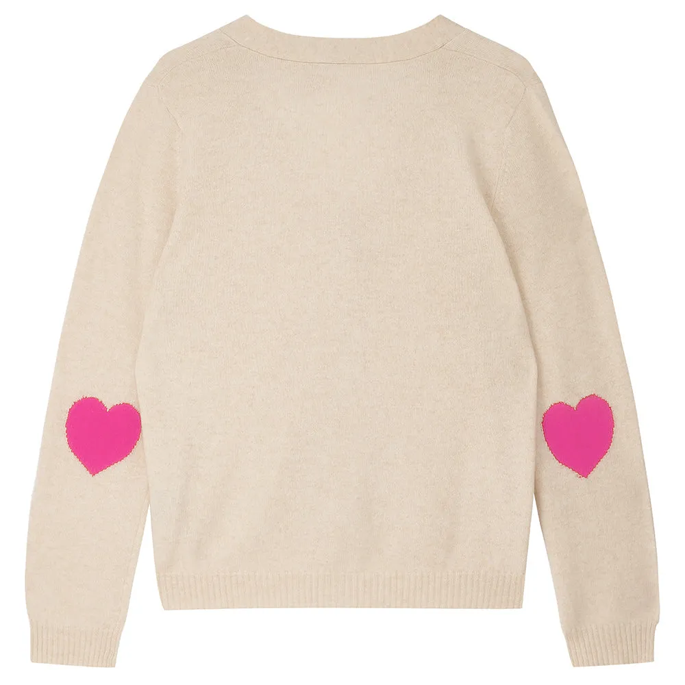 Heart Patch Cashmere Cardigan in Oatmeal and Hot Pink