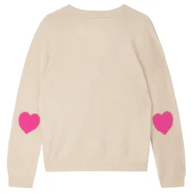 Heart Patch Cashmere Cardigan in Oatmeal and Hot Pink