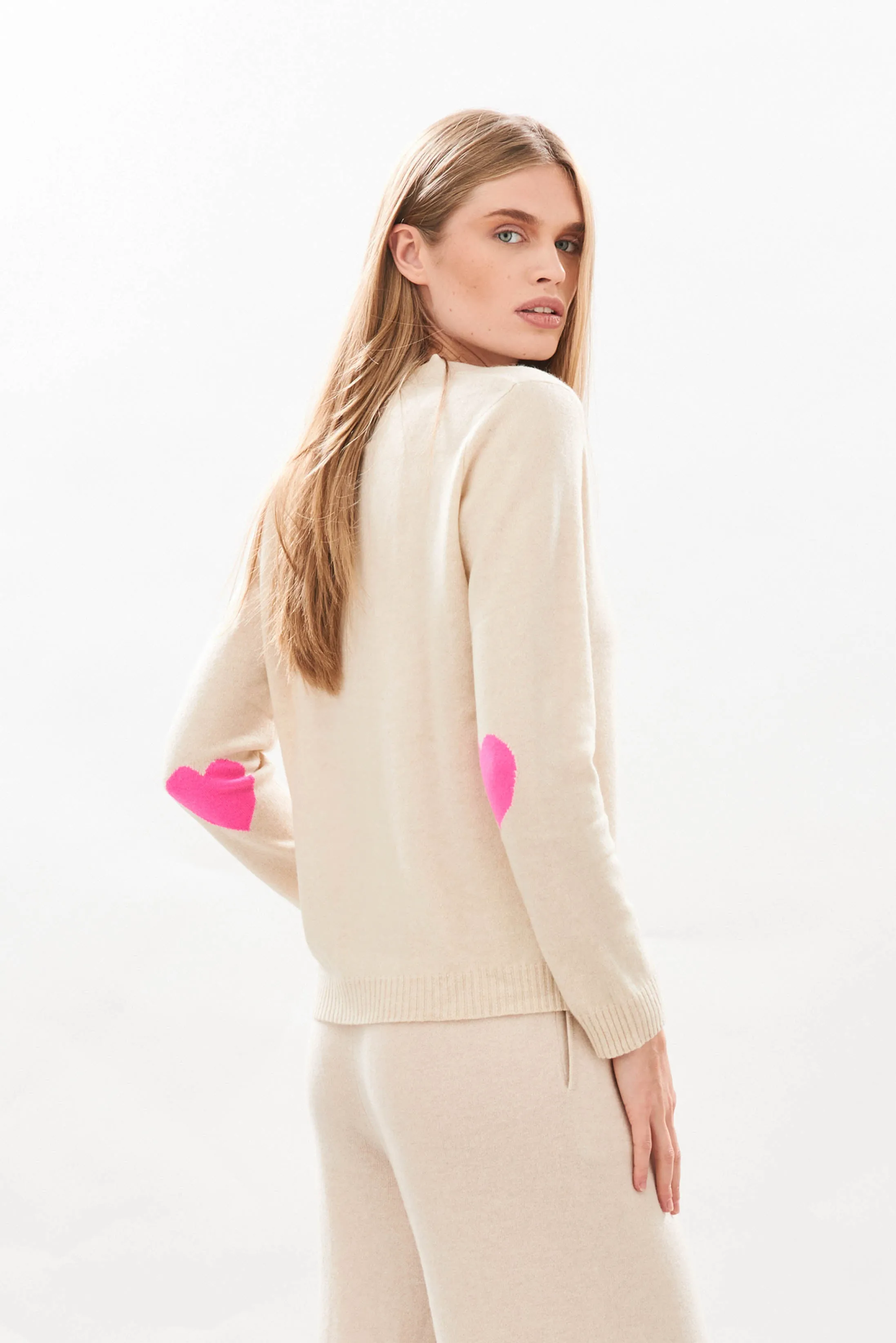 Heart Patch Cashmere Cardigan in Oatmeal and Hot Pink