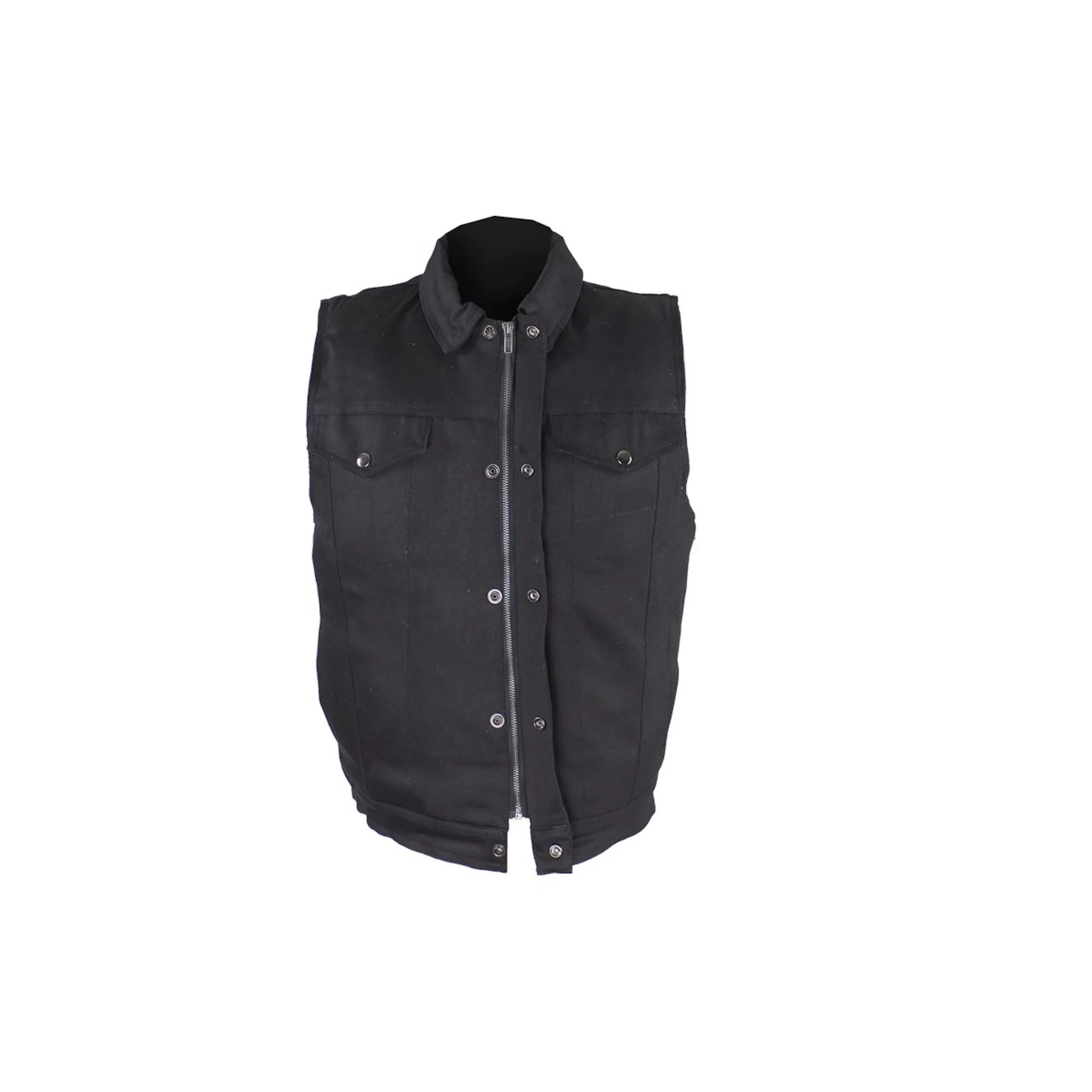 Men's Zippered Black Denim Club Motorcycle Vest Solid Back Fold Down Collar