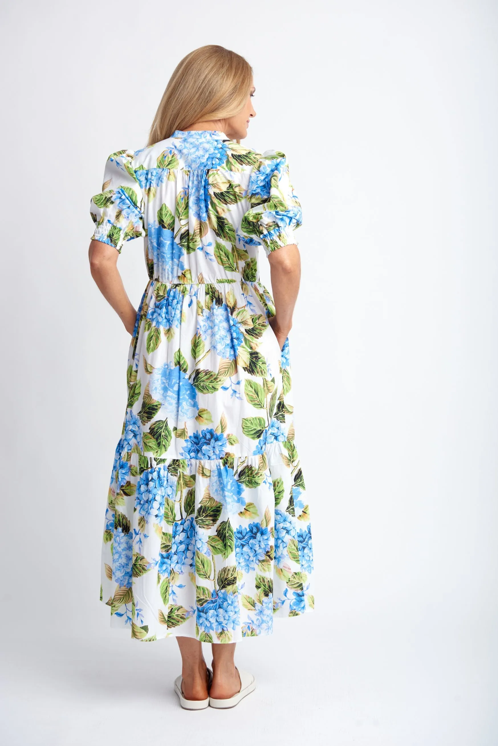 Puff Sleeve Button Through Cotton Dress Blue Hydrangea Print