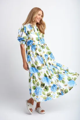 Puff Sleeve Button Through Cotton Dress Blue Hydrangea Print