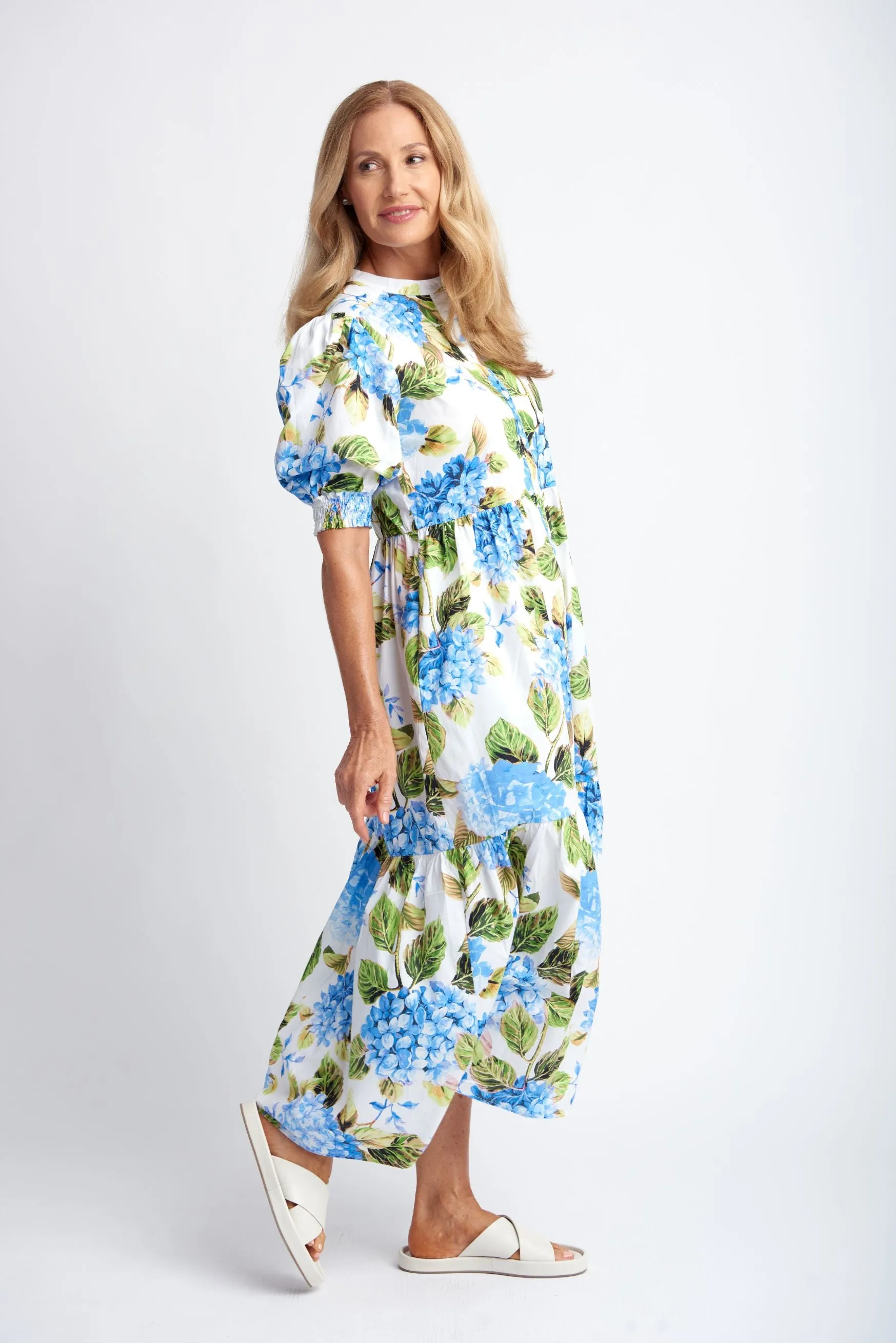 Puff Sleeve Button Through Cotton Dress Blue Hydrangea Print