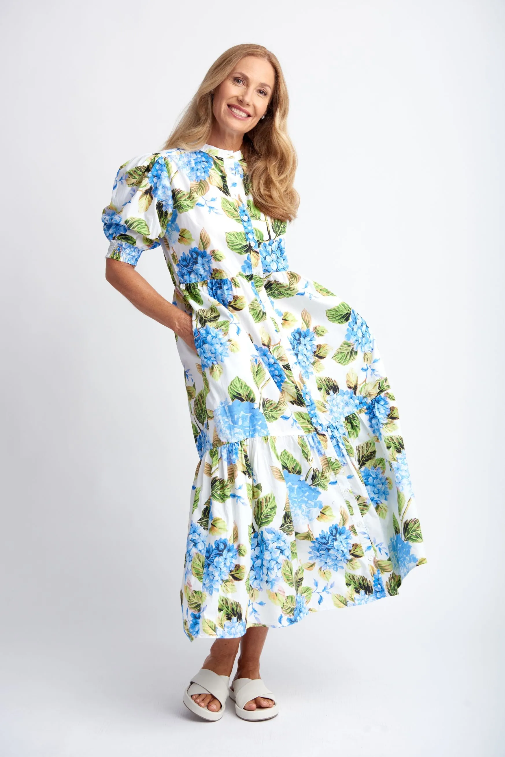 Puff Sleeve Button Through Cotton Dress Blue Hydrangea Print