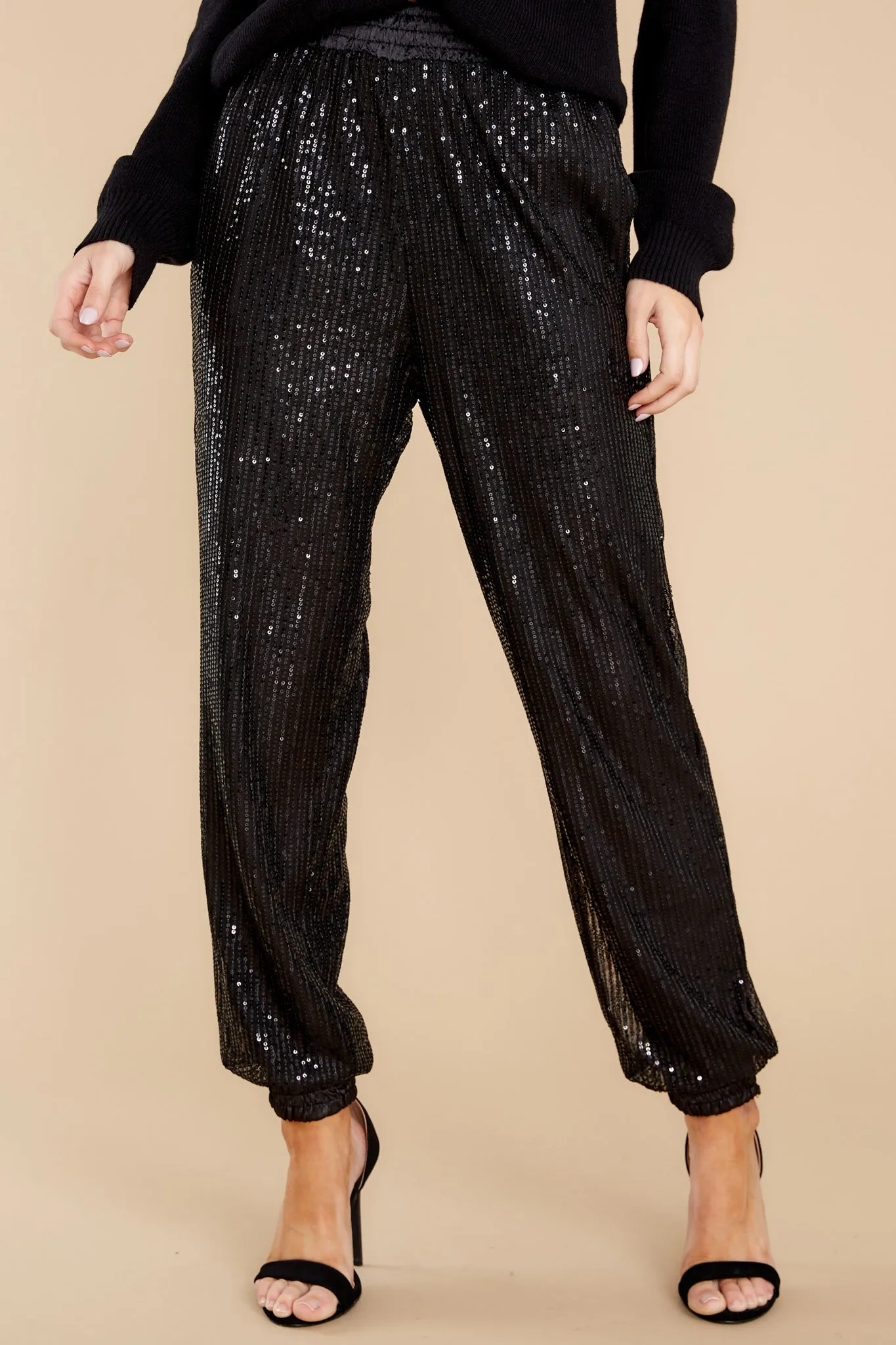 Sparkle With Me Black Satin Trim Sequin Joggers