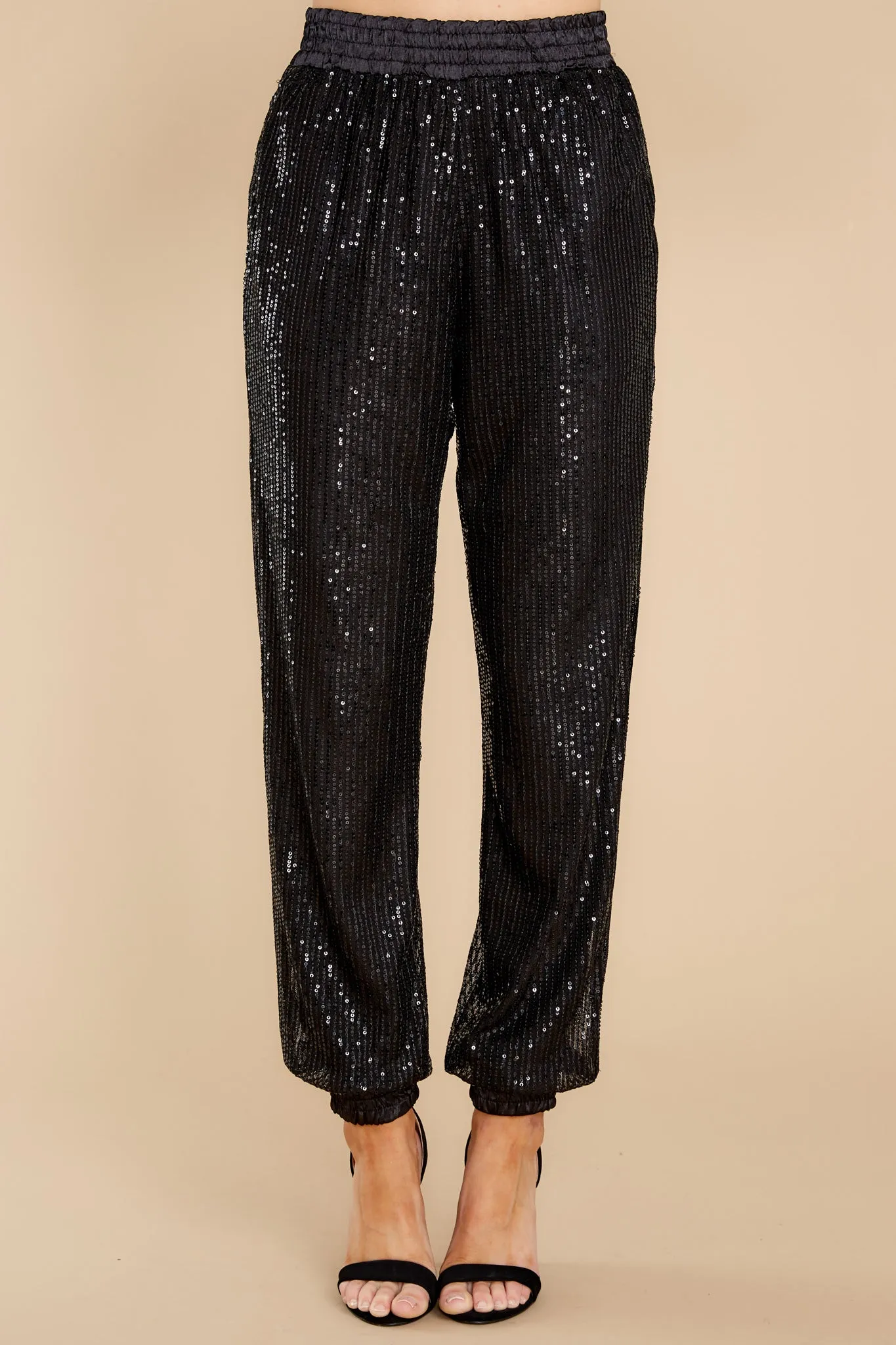 Sparkle With Me Black Satin Trim Sequin Joggers