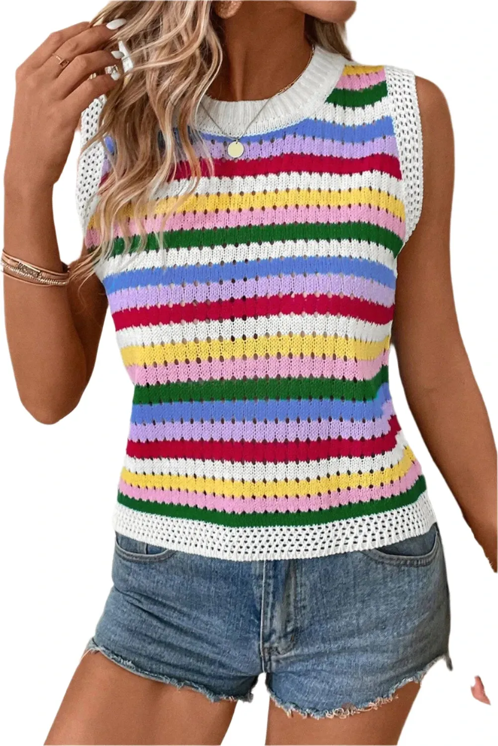 TEEK - Yellow Multicolor Contrast Round Neck Sweater Vest