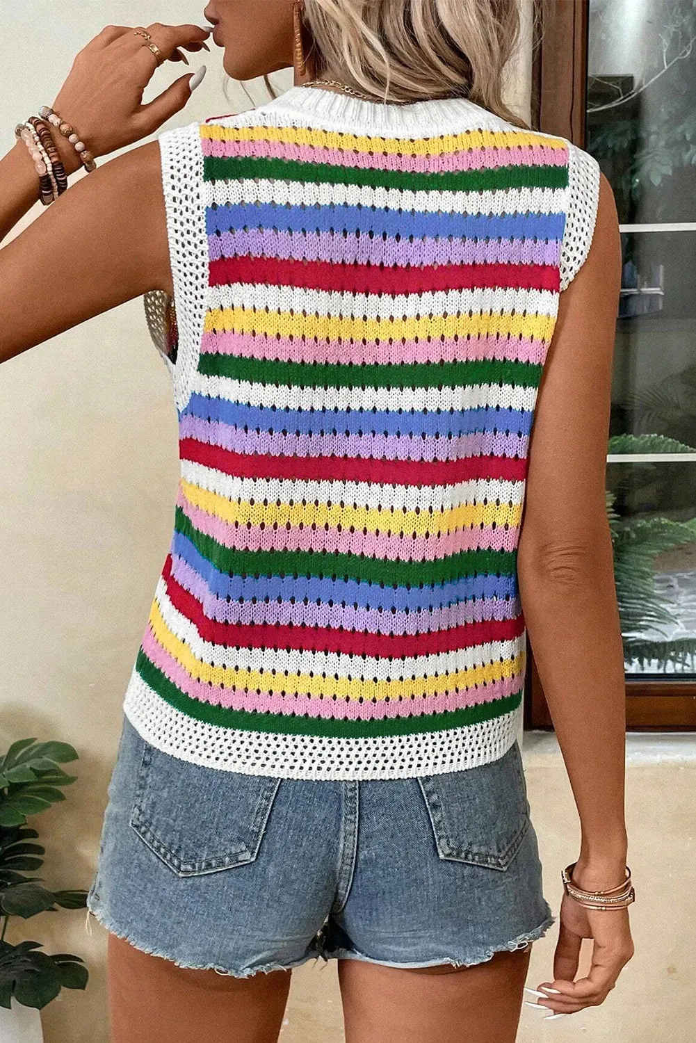 TEEK - Yellow Multicolor Contrast Round Neck Sweater Vest