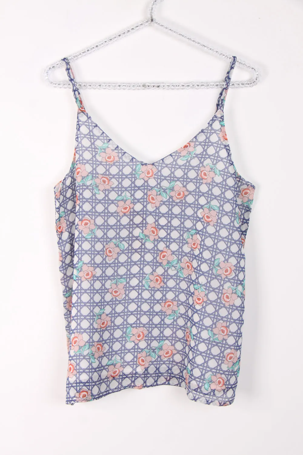 V Neck Floral Check Print Strappy Cami Top