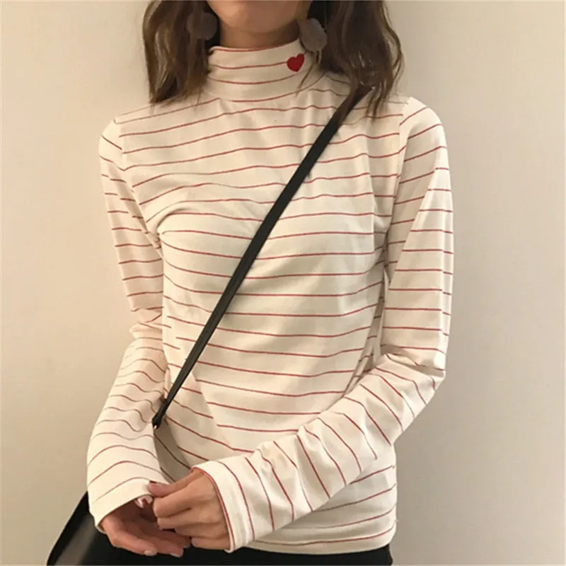 VenusFox Women Striped Kawaii Cotton Turtleneck Harajuku Hearts T-Shirt Tops