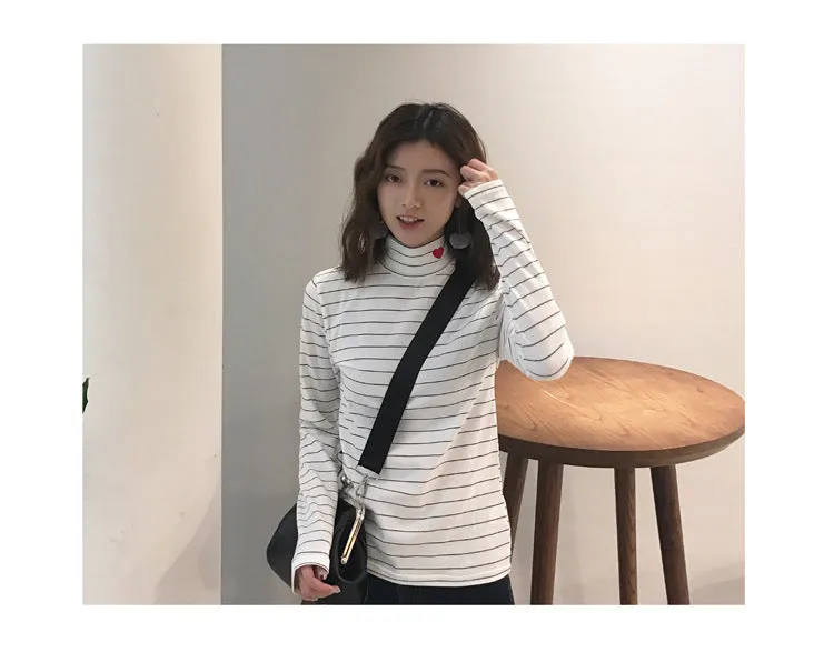 VenusFox Women Striped Kawaii Cotton Turtleneck Harajuku Hearts T-Shirt Tops