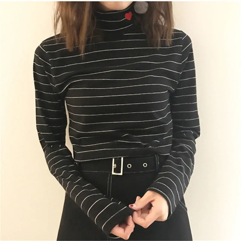 VenusFox Women Striped Kawaii Cotton Turtleneck Harajuku Hearts T-Shirt Tops