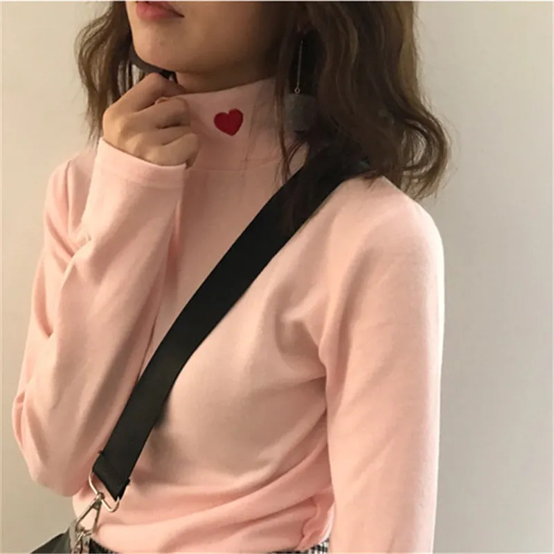 VenusFox Women Striped Kawaii Cotton Turtleneck Harajuku Hearts T-Shirt Tops