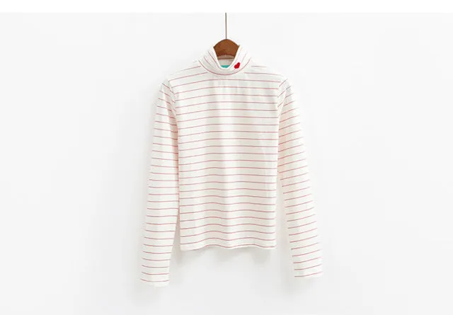 VenusFox Women Striped Kawaii Cotton Turtleneck Harajuku Hearts T-Shirt Tops