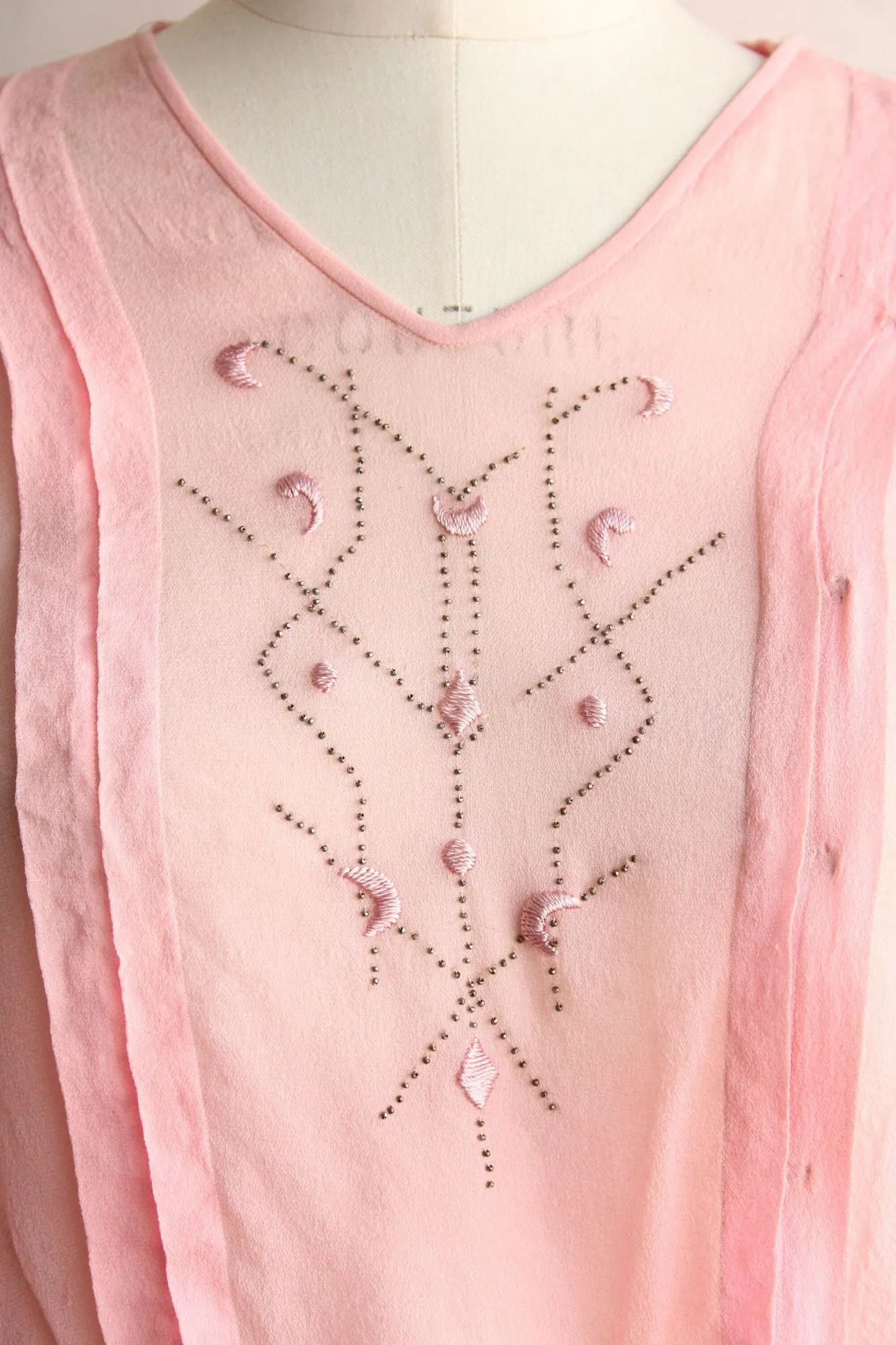 Vintage 1910s Pink Silk Chiffon Top with Beaded and Embroidered Front