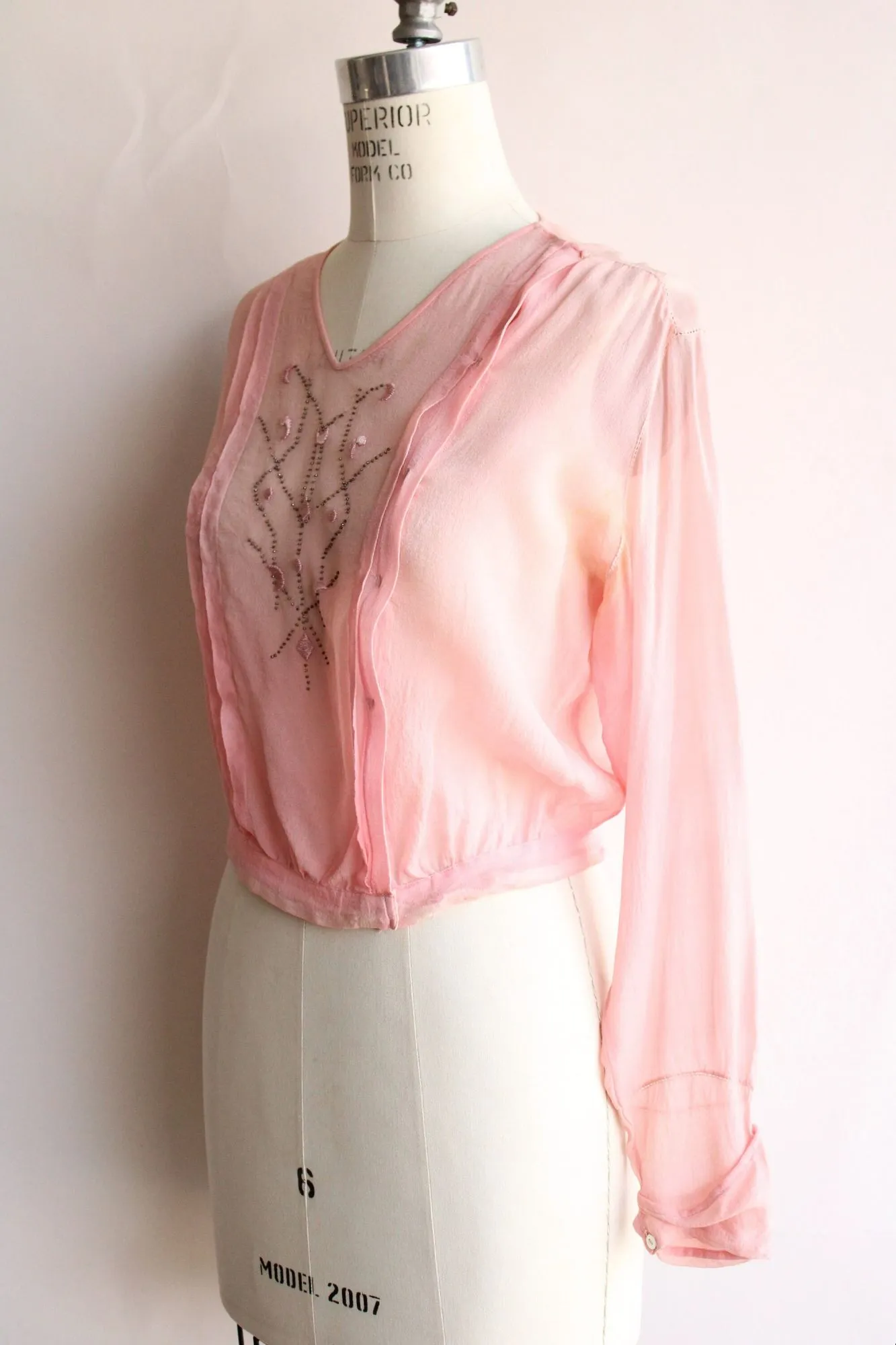 Vintage 1910s Pink Silk Chiffon Top with Beaded and Embroidered Front