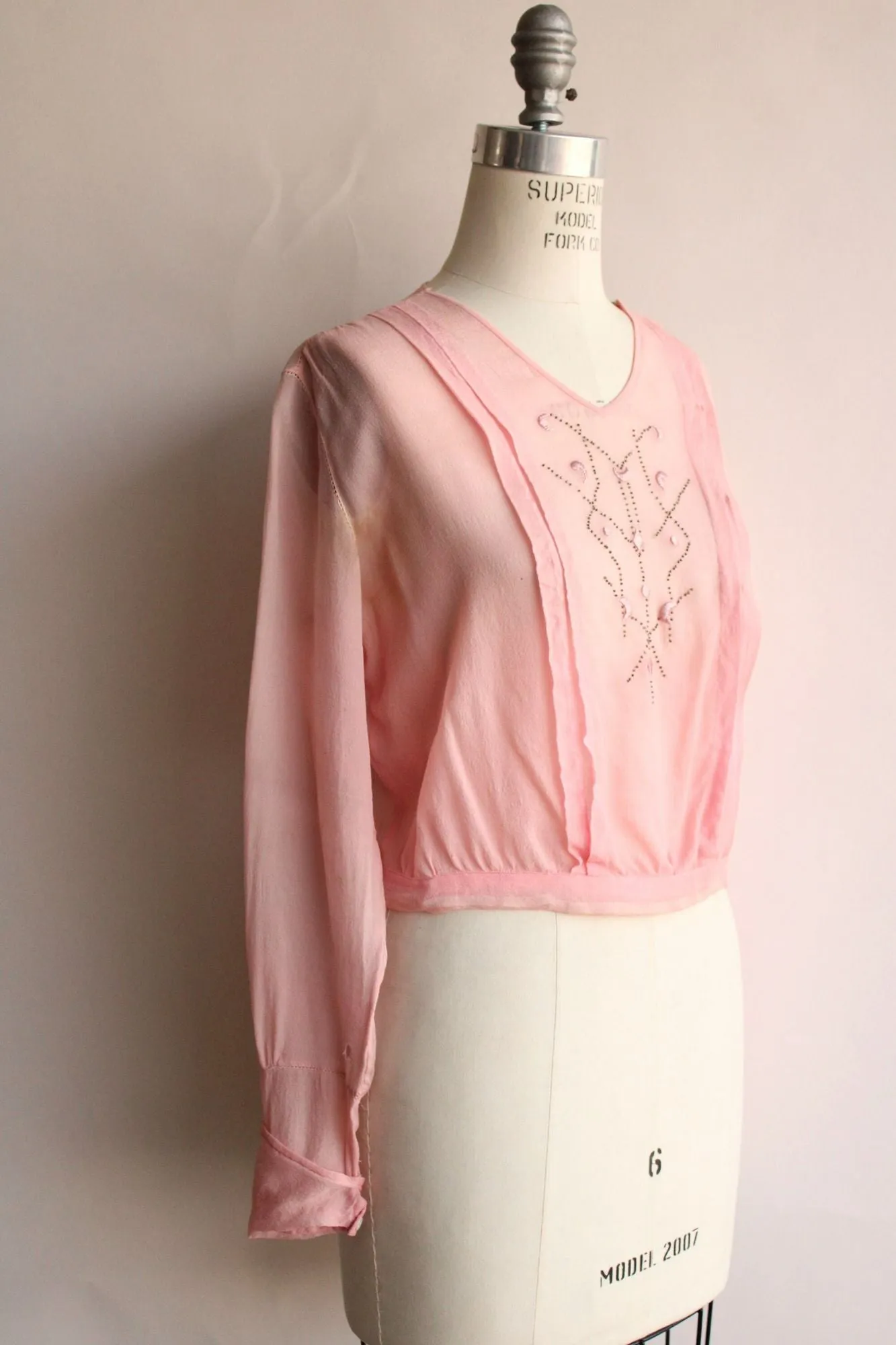 Vintage 1910s Pink Silk Chiffon Top with Beaded and Embroidered Front