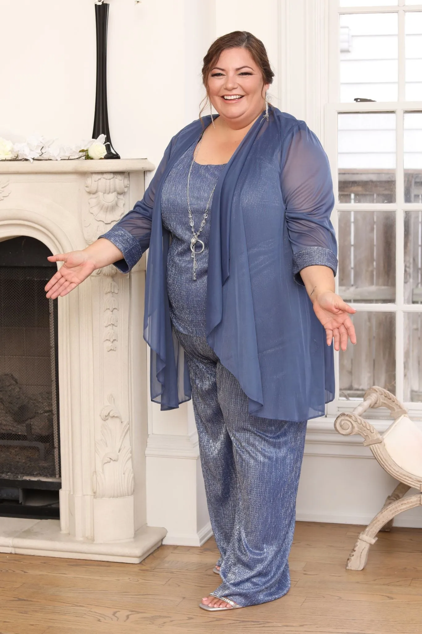 Women Plus Size Crinkle Pantsuit with Mesh Chiffon Jacket and Necklace Set