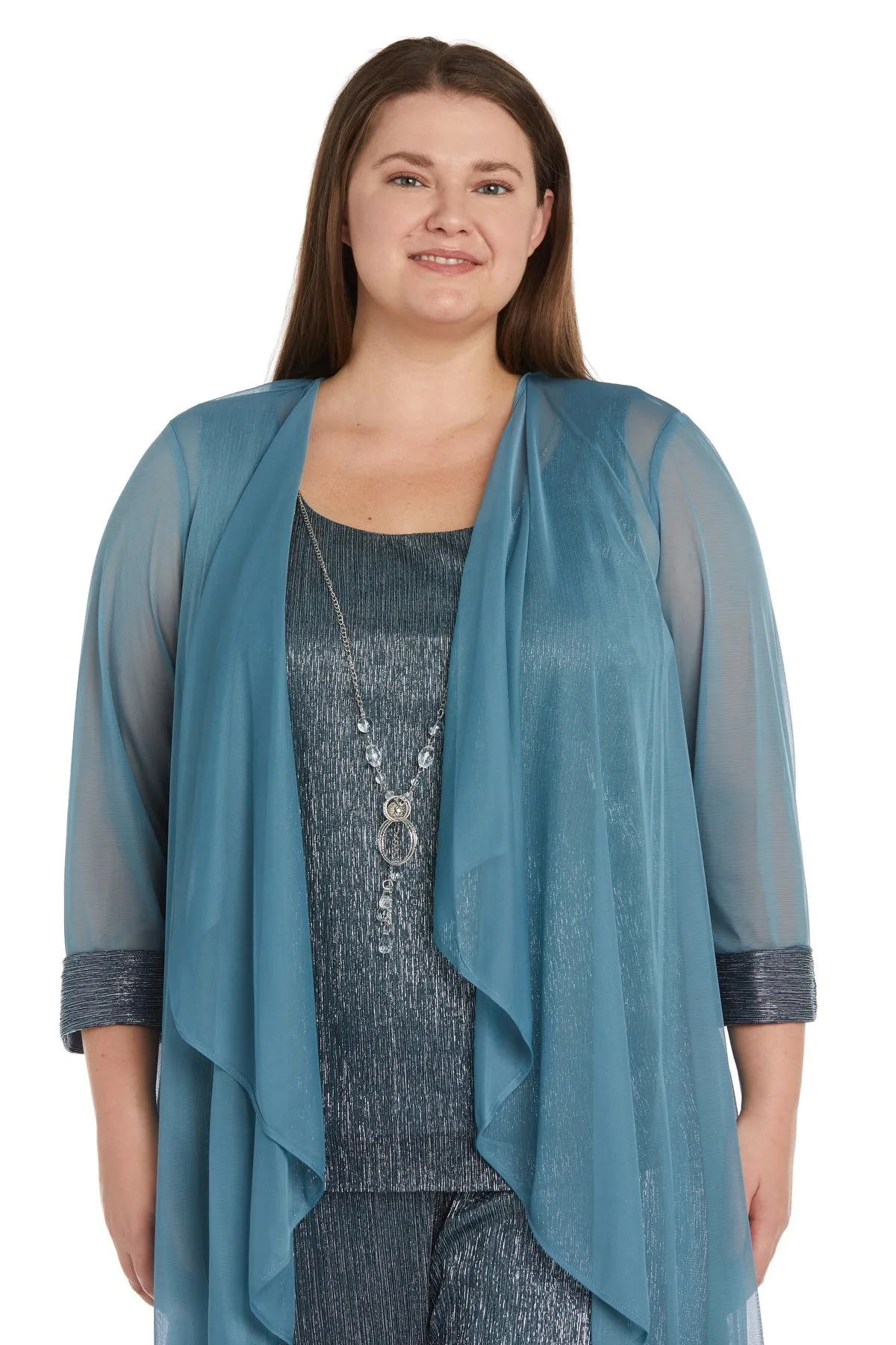 Women Plus Size Crinkle Pantsuit with Mesh Chiffon Jacket and Necklace Set