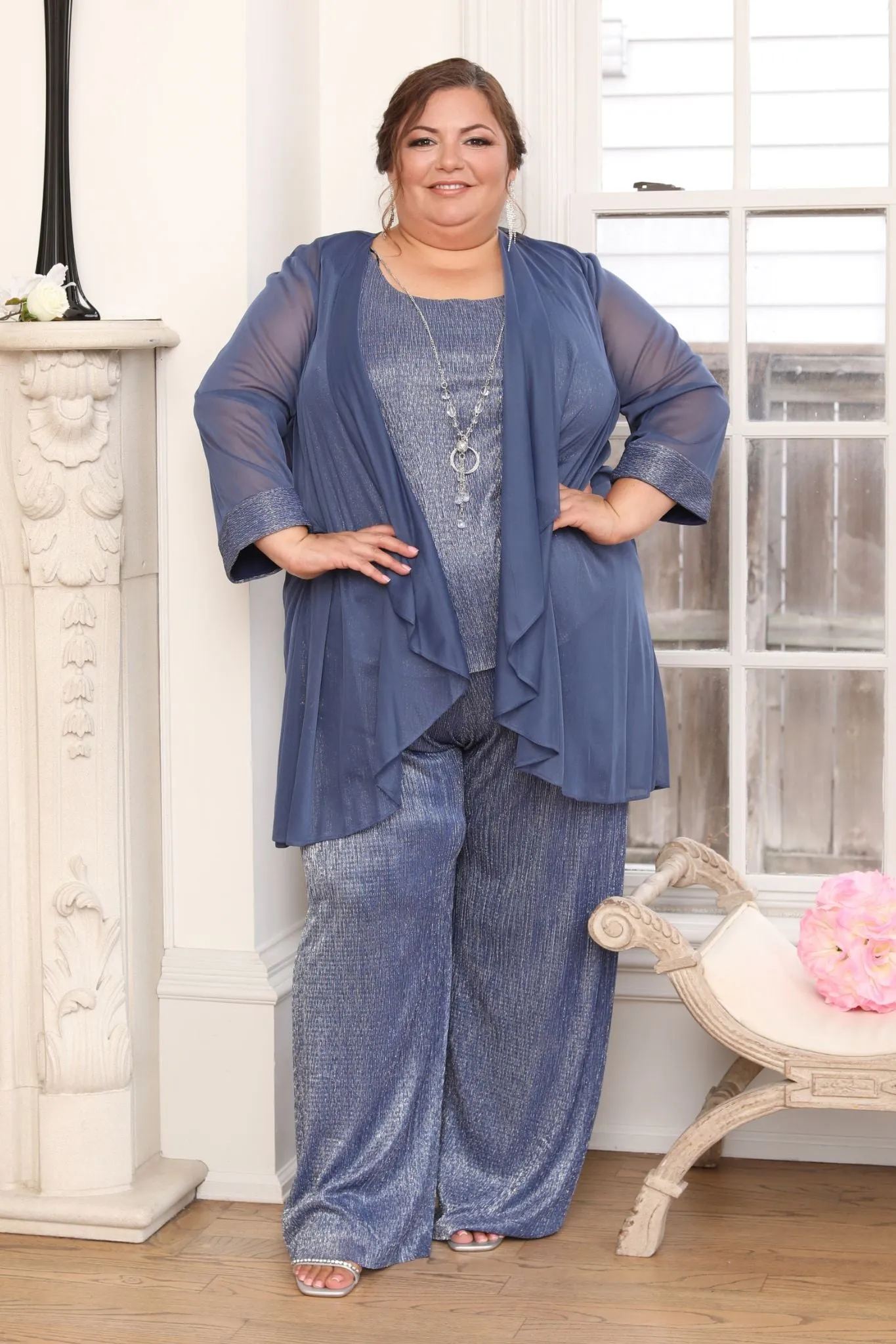 Women Plus Size Crinkle Pantsuit with Mesh Chiffon Jacket and Necklace Set