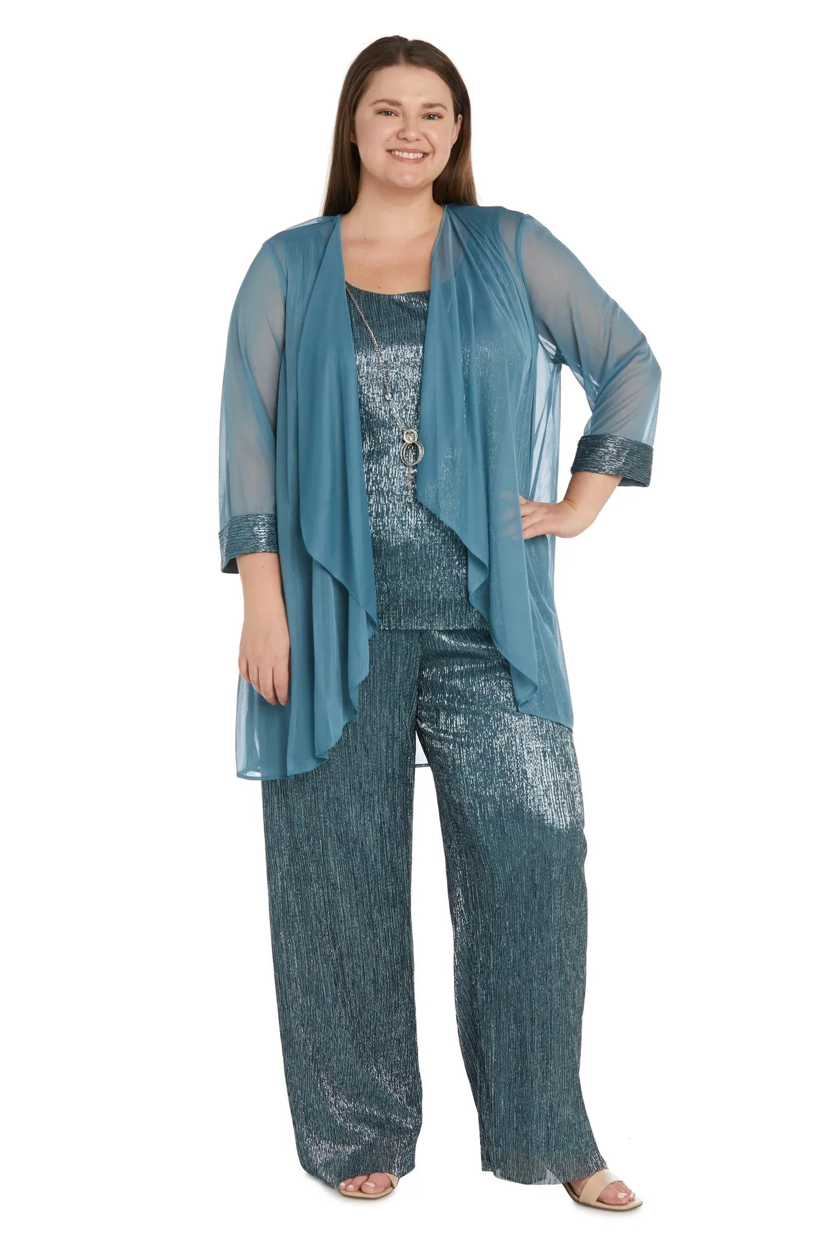 Women Plus Size Crinkle Pantsuit with Mesh Chiffon Jacket and Necklace Set