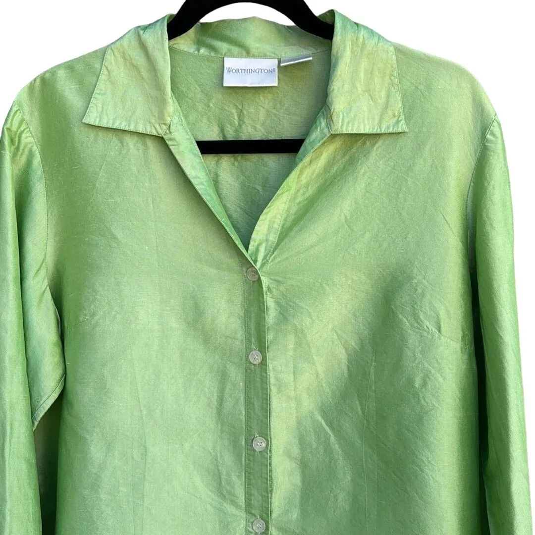 Worthington Women's Silk Mint Green Camp Collar Button-Up Long Sleeve Blouse - L