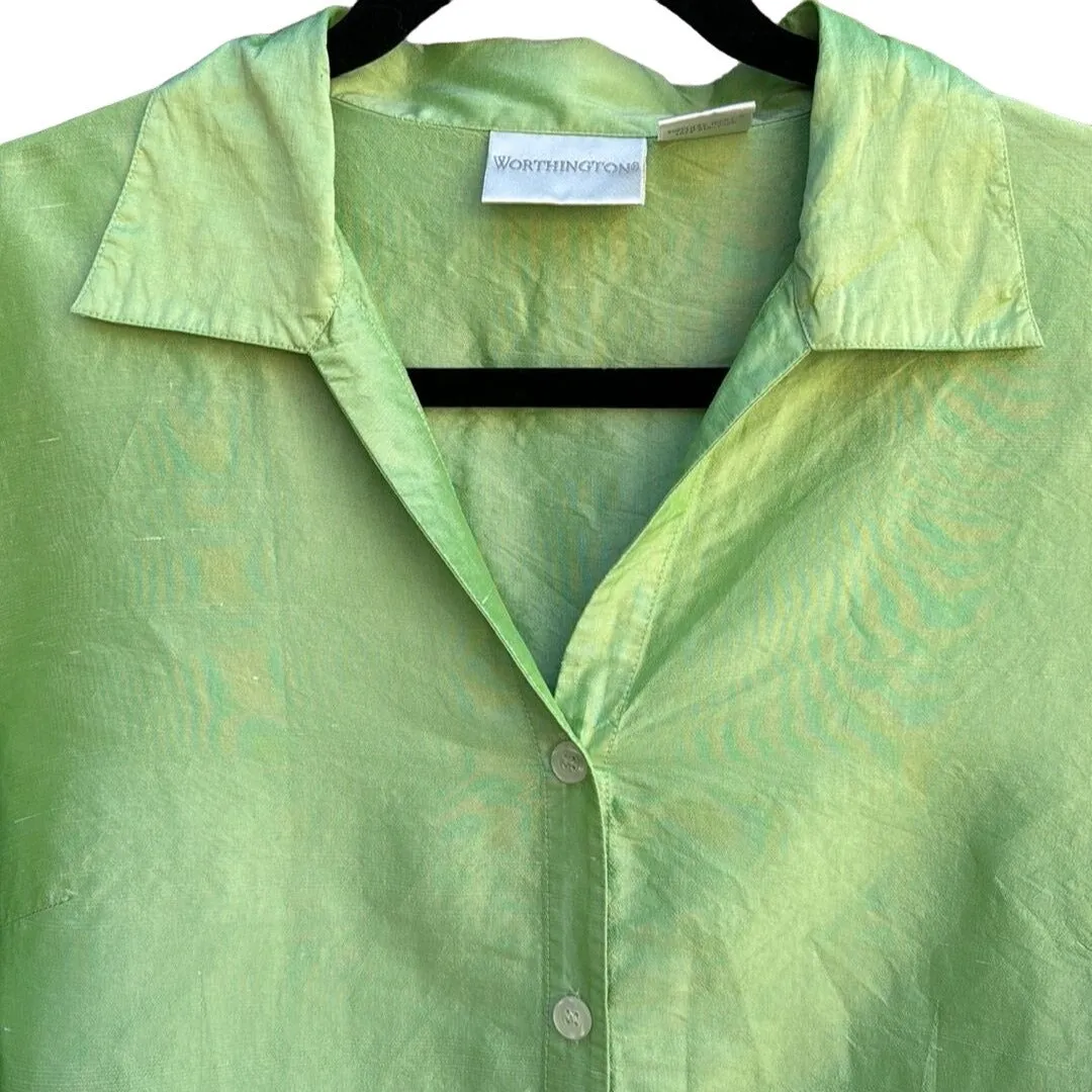 Worthington Women's Silk Mint Green Camp Collar Button-Up Long Sleeve Blouse - L