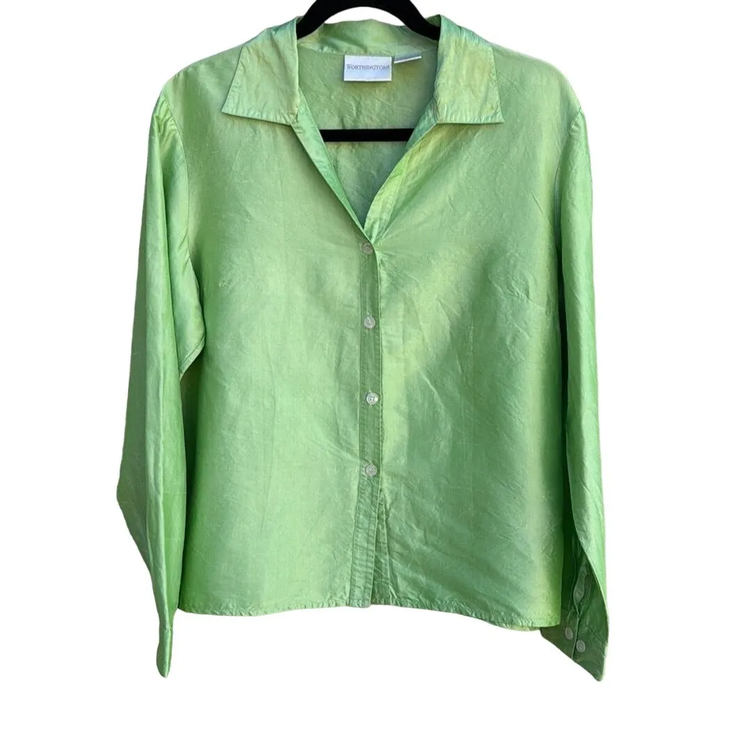 Worthington Women's Silk Mint Green Camp Collar Button-Up Long Sleeve Blouse - L